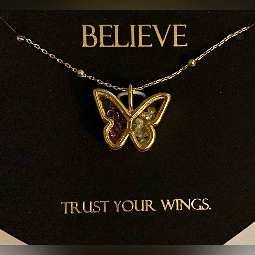 💰5/$25 14k Gold Plated Purple & Aurora Borealis Crystal Butterfly Necklace